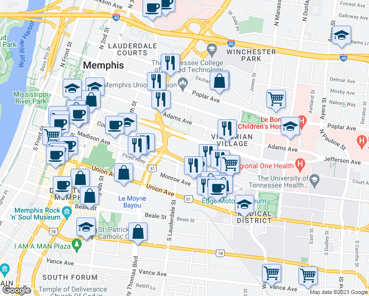map of restaurants, bars, coffee shops, grocery stores, and more near 557 Techno Lane in Memphis