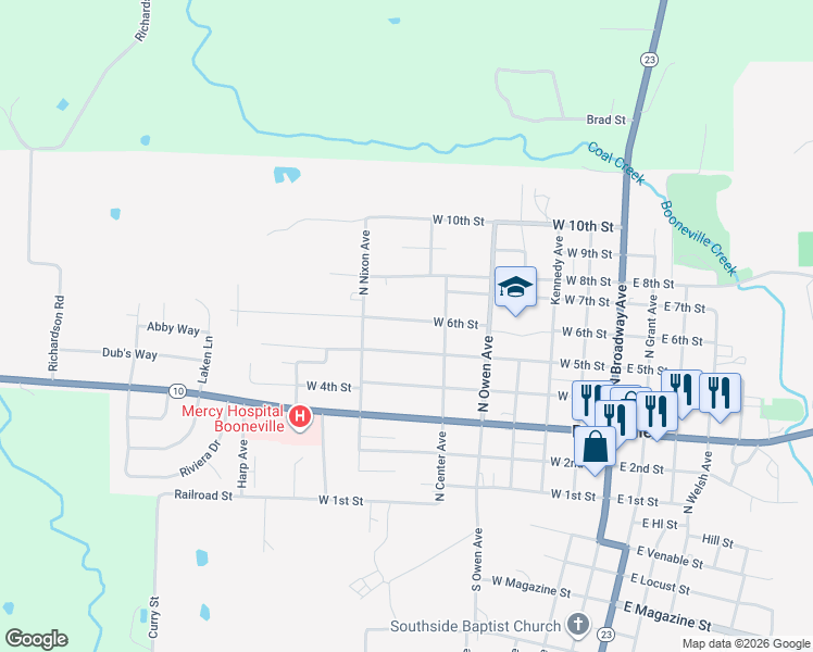 map of restaurants, bars, coffee shops, grocery stores, and more near 544 W 6th St in Booneville
