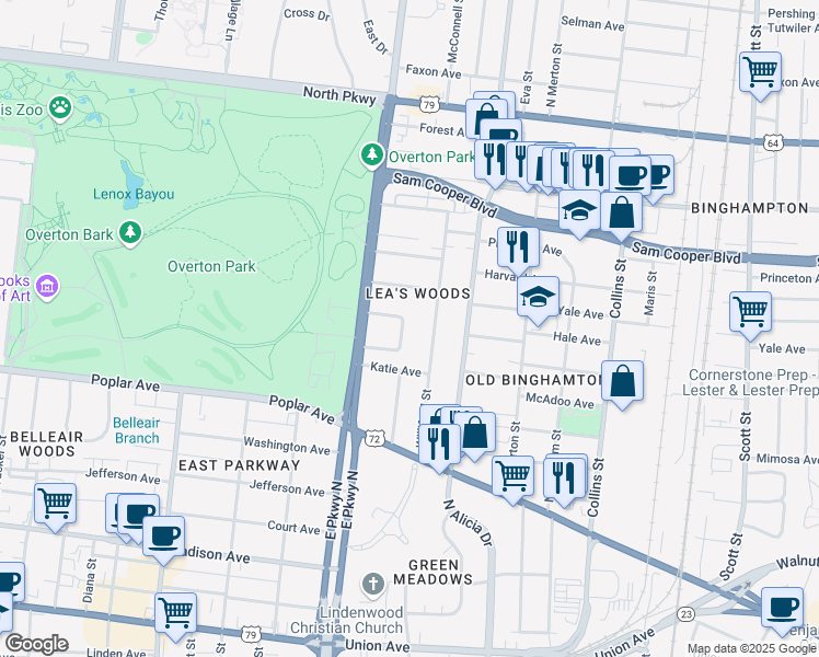 map of restaurants, bars, coffee shops, grocery stores, and more near 292 East Strathmore Circle in Memphis