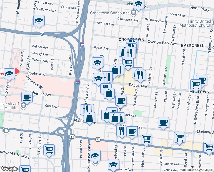 map of restaurants, bars, coffee shops, grocery stores, and more near 1271 Poplar Avenue in Memphis