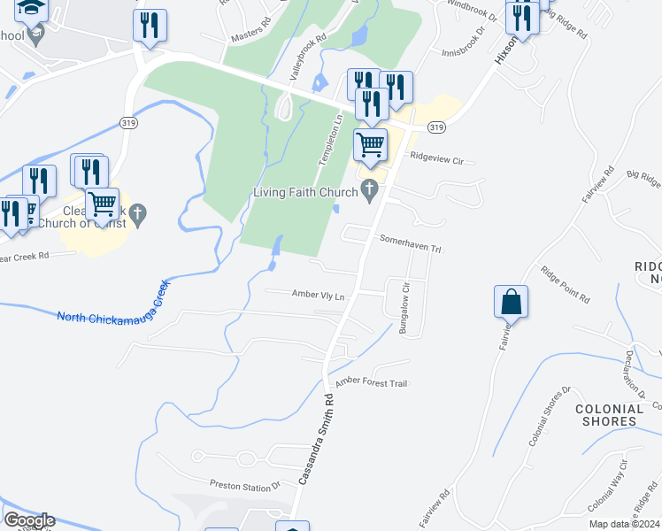 map of restaurants, bars, coffee shops, grocery stores, and more near 5625 Cassandra Smith Road in Chattanooga