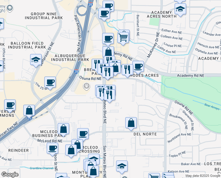 map of restaurants, bars, coffee shops, grocery stores, and more near 5600 San Mateo Blvd NE in Albuquerque