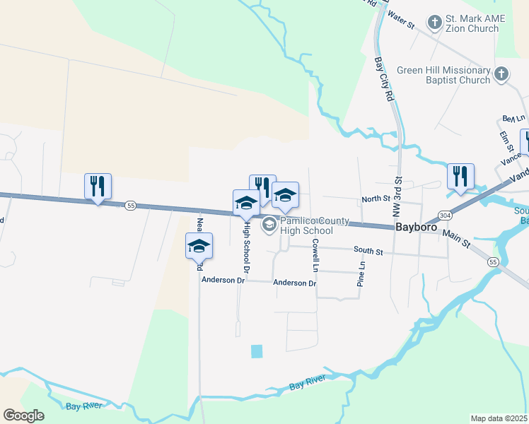 map of restaurants, bars, coffee shops, grocery stores, and more near Nc 55 Hwy in Bayboro
