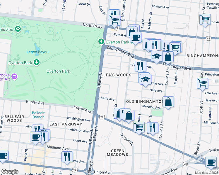 map of restaurants, bars, coffee shops, grocery stores, and more near 292 East Strathmore Circle in Memphis