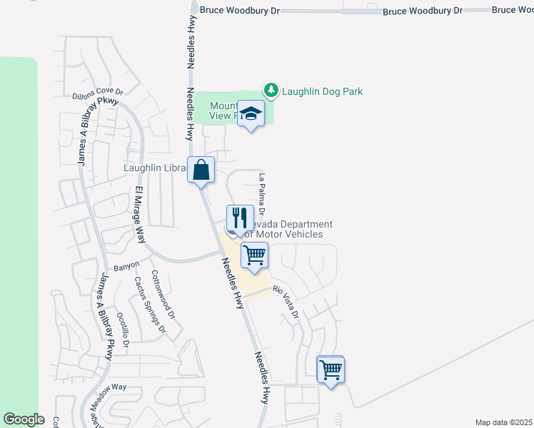 map of restaurants, bars, coffee shops, grocery stores, and more near 2918 La Palma Drive in Laughlin
