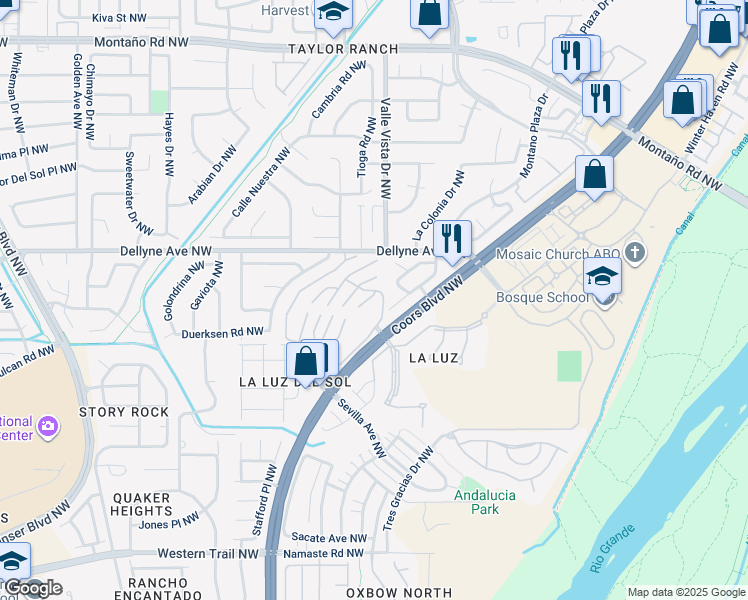 map of restaurants, bars, coffee shops, grocery stores, and more near 13 Mill Road Northwest in Albuquerque