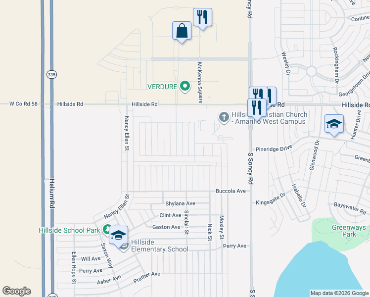 map of restaurants, bars, coffee shops, grocery stores, and more near 6401-6403 Robbie Street in Amarillo
