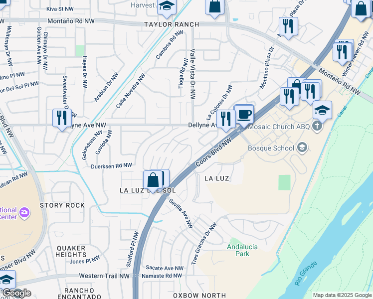 map of restaurants, bars, coffee shops, grocery stores, and more near 13 Mill Road Northwest in Albuquerque