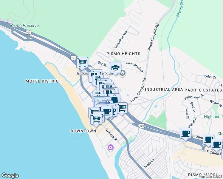 map of restaurants, bars, coffee shops, grocery stores, and more near 901 Bello Street in Pismo Beach