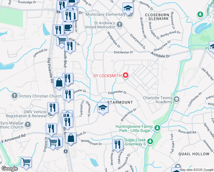 map of restaurants, bars, coffee shops, grocery stores, and more near 1729 Edgewater Drive in Charlotte
