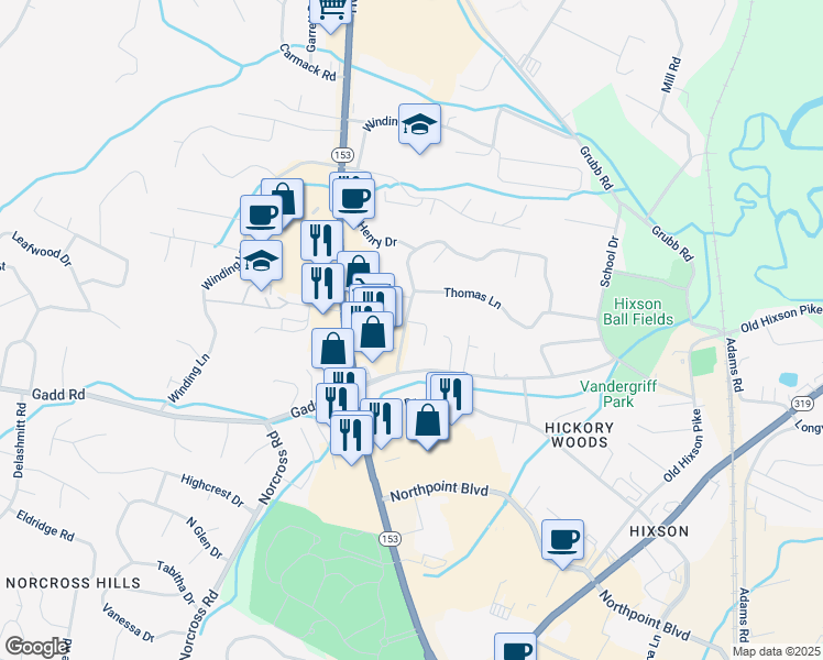 map of restaurants, bars, coffee shops, grocery stores, and more near 1108 Thomas Lane in Chattanooga