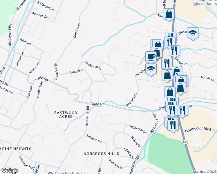 map of restaurants, bars, coffee shops, grocery stores, and more near 524 Briar Park Lane in Chattanooga