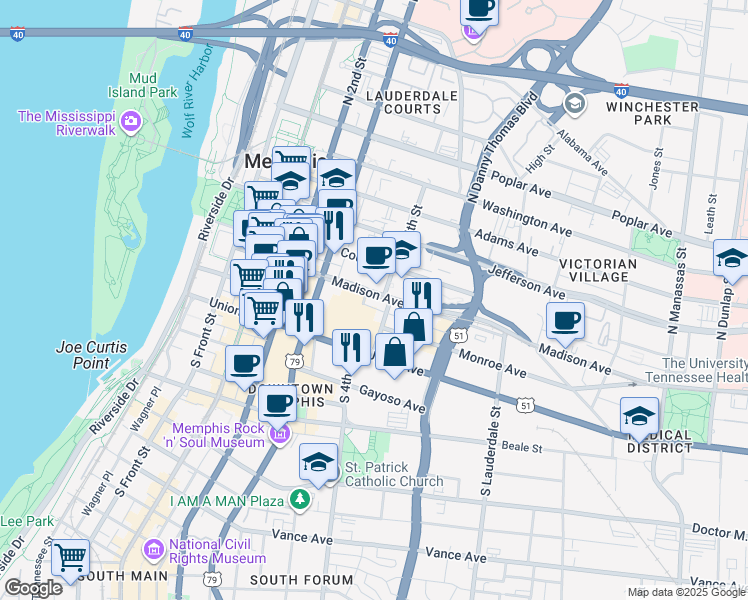 map of restaurants, bars, coffee shops, grocery stores, and more near 245 Madison Avenue in Memphis