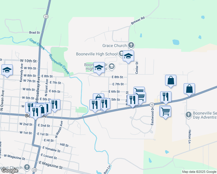 map of restaurants, bars, coffee shops, grocery stores, and more near 825 East 6th Street in Booneville
