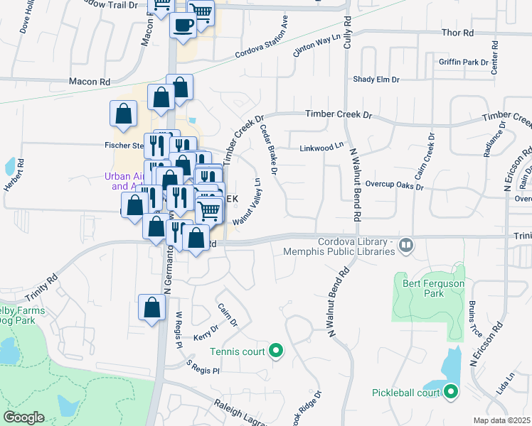 map of restaurants, bars, coffee shops, grocery stores, and more near 718 Walnut Valley Lane in Memphis