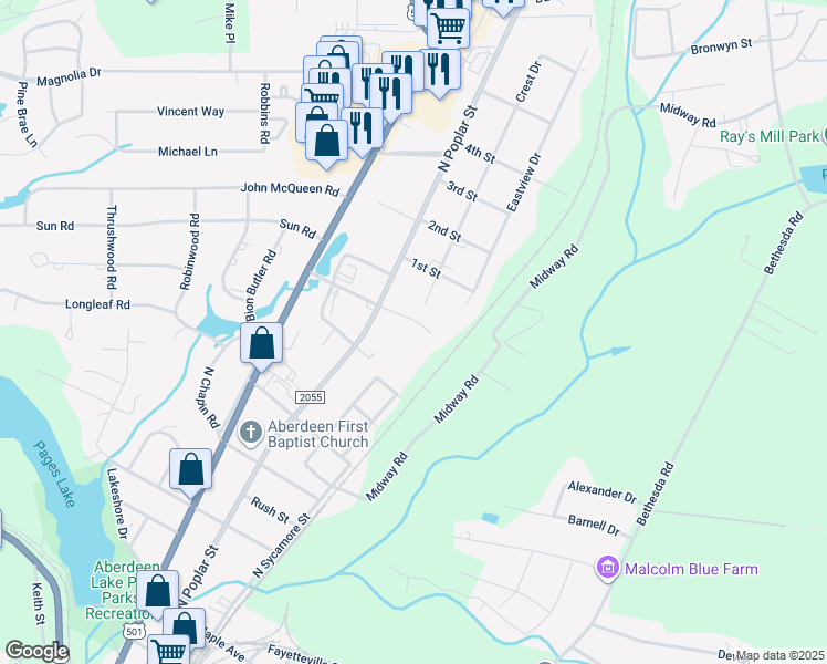map of restaurants, bars, coffee shops, grocery stores, and more near 106 Bonnie Brook Court in Aberdeen