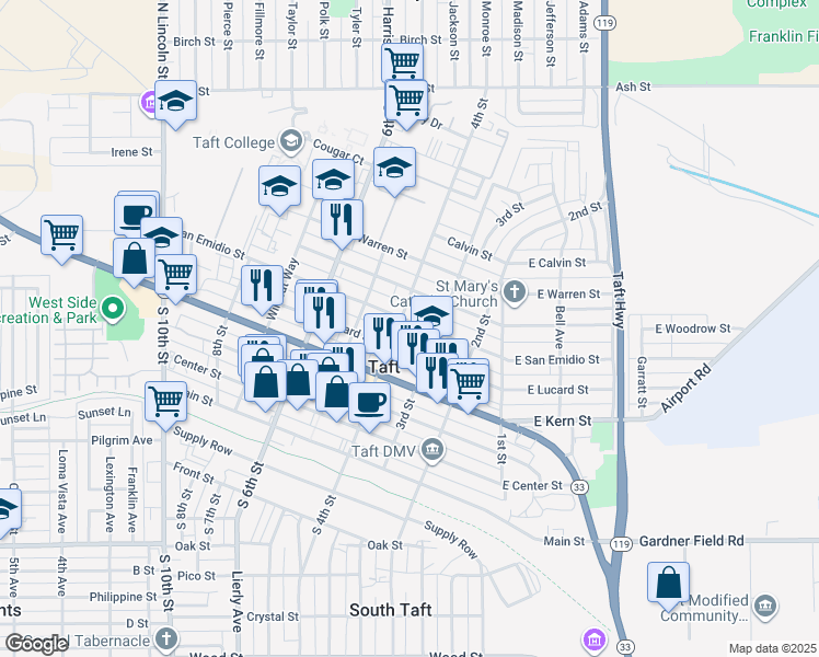 map of restaurants, bars, coffee shops, grocery stores, and more near 321 San Emidio Street in Taft