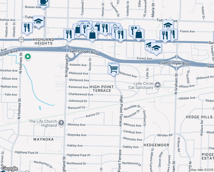 map of restaurants, bars, coffee shops, grocery stores, and more near 3680 Kenwood Avenue in Memphis