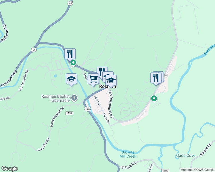 map of restaurants, bars, coffee shops, grocery stores, and more near in Rosman