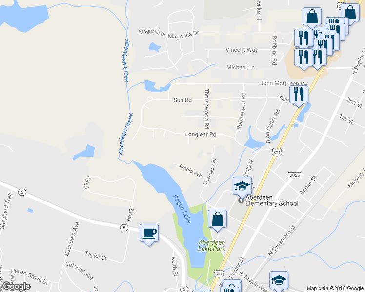 map of restaurants, bars, coffee shops, grocery stores, and more near 120 Longleaf Circle in Aberdeen