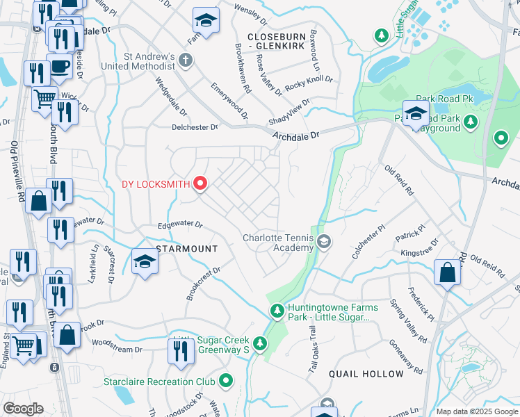 map of restaurants, bars, coffee shops, grocery stores, and more near 6404 Silver Star Lane in Charlotte