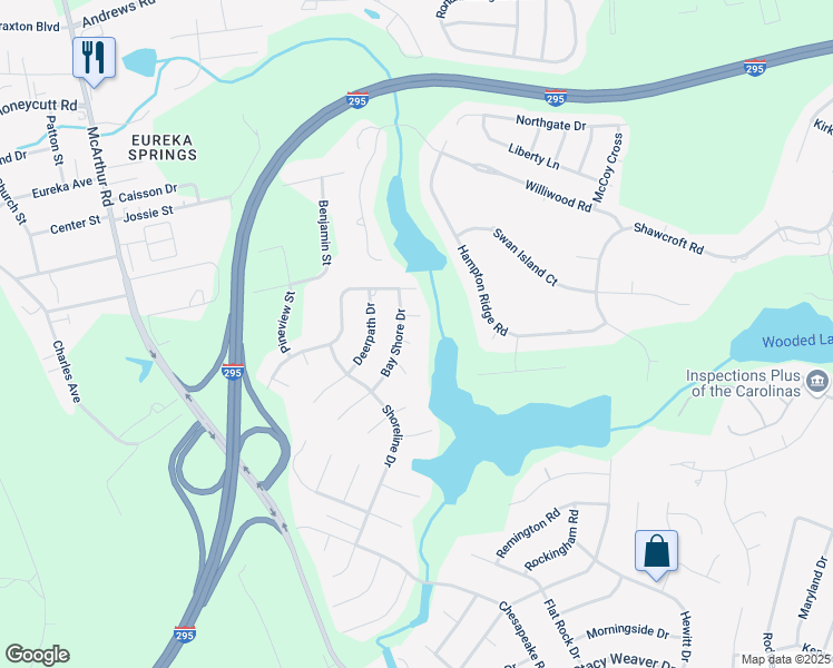 map of restaurants, bars, coffee shops, grocery stores, and more near 5403 Falls Church Court in Fayetteville
