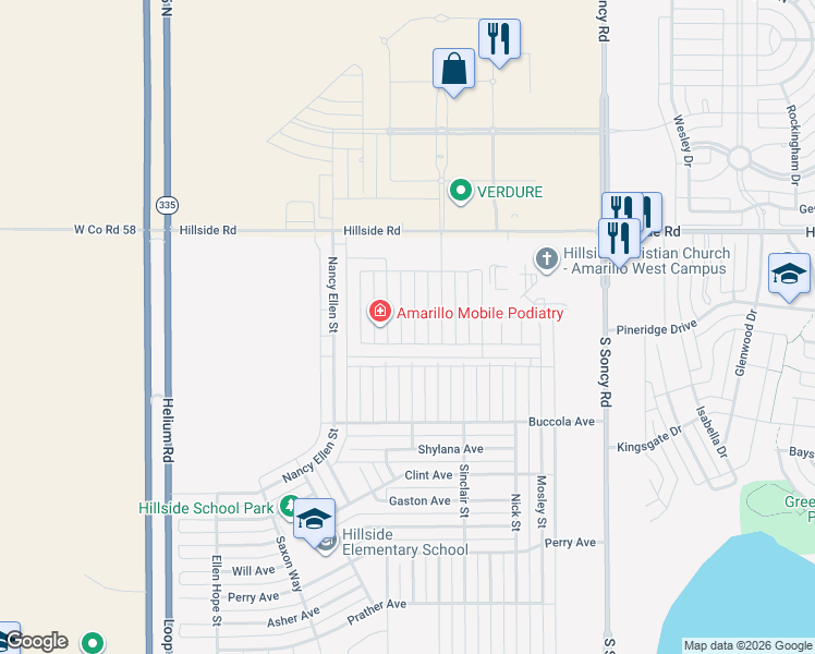 map of restaurants, bars, coffee shops, grocery stores, and more near 6400 Dominion Street in Amarillo