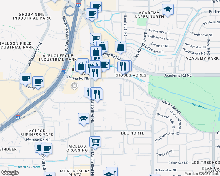 map of restaurants, bars, coffee shops, grocery stores, and more near 5800 Osuna Road Northeast in Albuquerque