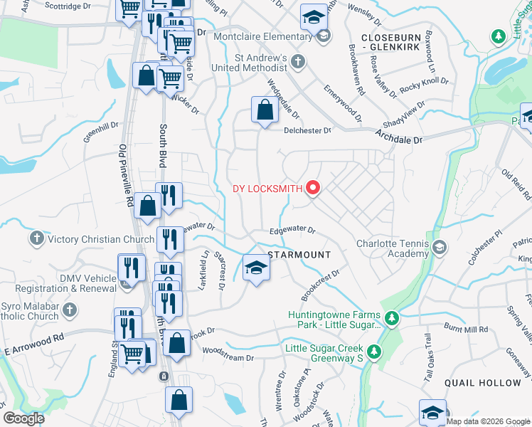map of restaurants, bars, coffee shops, grocery stores, and more near 1729 Edgewater Drive in Charlotte
