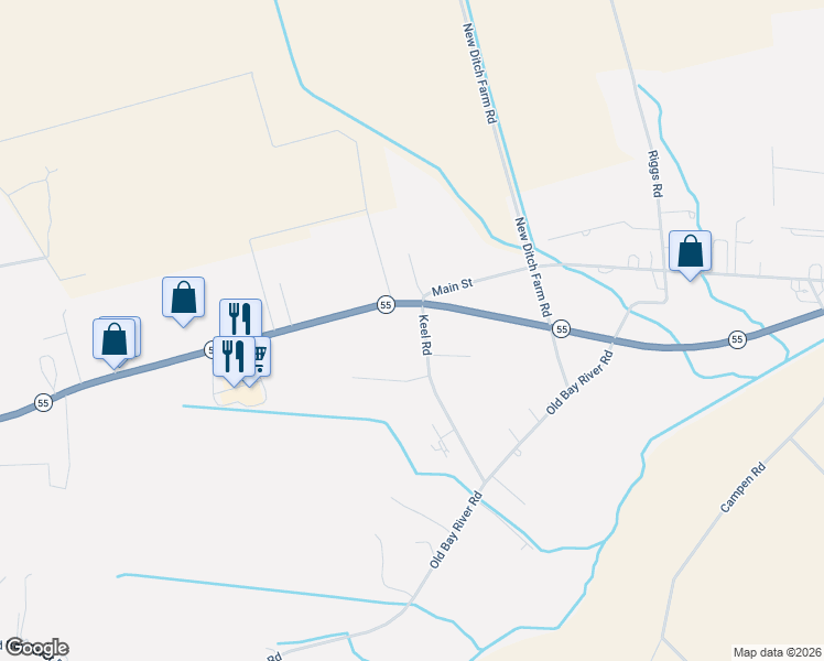 map of restaurants, bars, coffee shops, grocery stores, and more near 80 Keel Road in Grantsboro