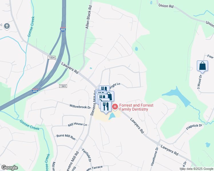 map of restaurants, bars, coffee shops, grocery stores, and more near 1015 Millwright Lane in Matthews