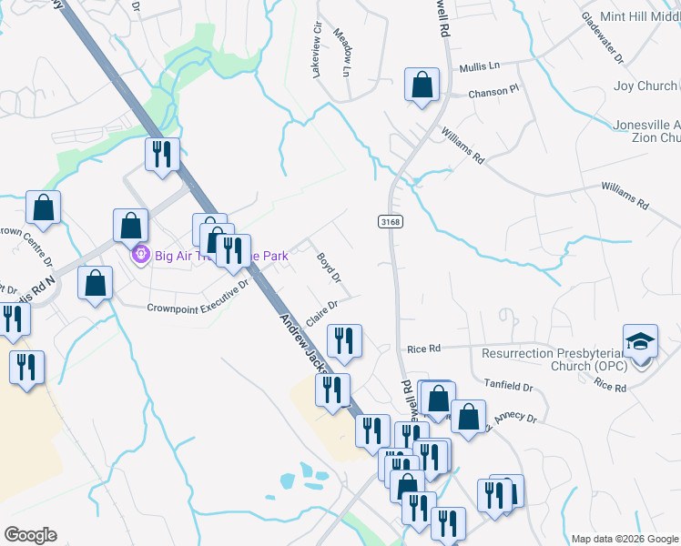 map of restaurants, bars, coffee shops, grocery stores, and more near 9017 Boyd Drive in Matthews
