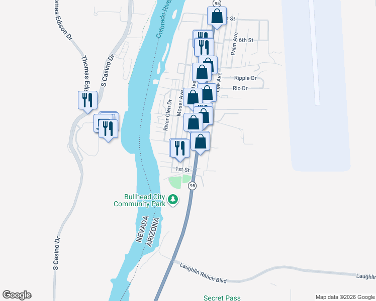 map of restaurants, bars, coffee shops, grocery stores, and more near 450-466 Long Avenue in Bullhead City