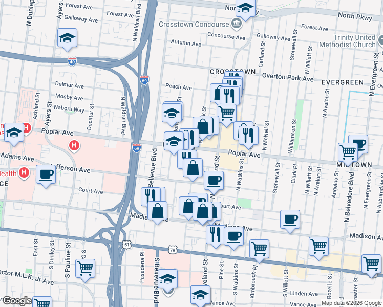 map of restaurants, bars, coffee shops, grocery stores, and more near 1271 Poplar Avenue in Memphis