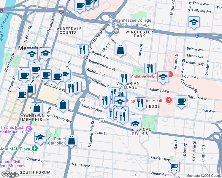 map of restaurants, bars, coffee shops, grocery stores, and more near 601 North Avant Lane in Memphis