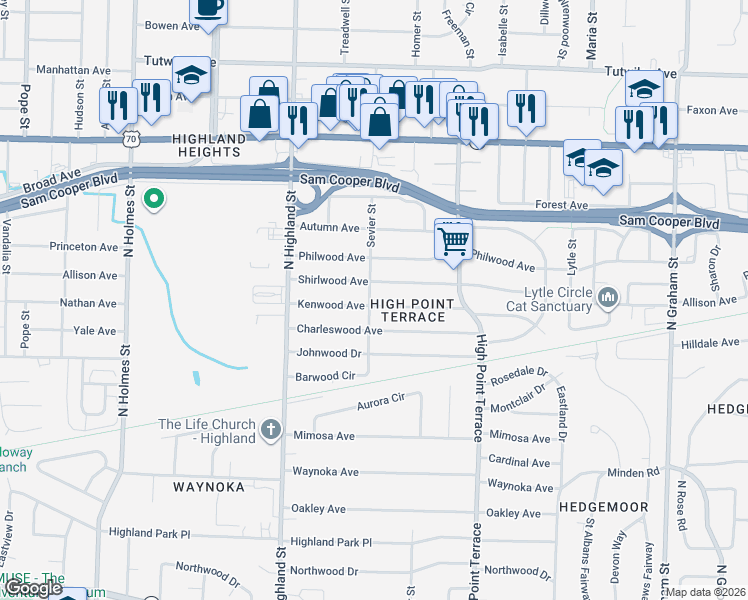 map of restaurants, bars, coffee shops, grocery stores, and more near 3593 Kenwood Avenue in Memphis