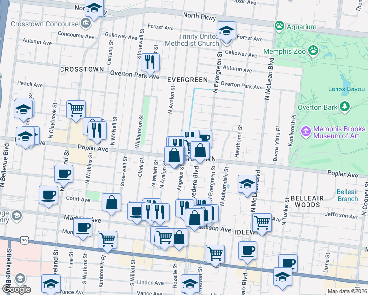 map of restaurants, bars, coffee shops, grocery stores, and more near 204 Angelus St in Memphis