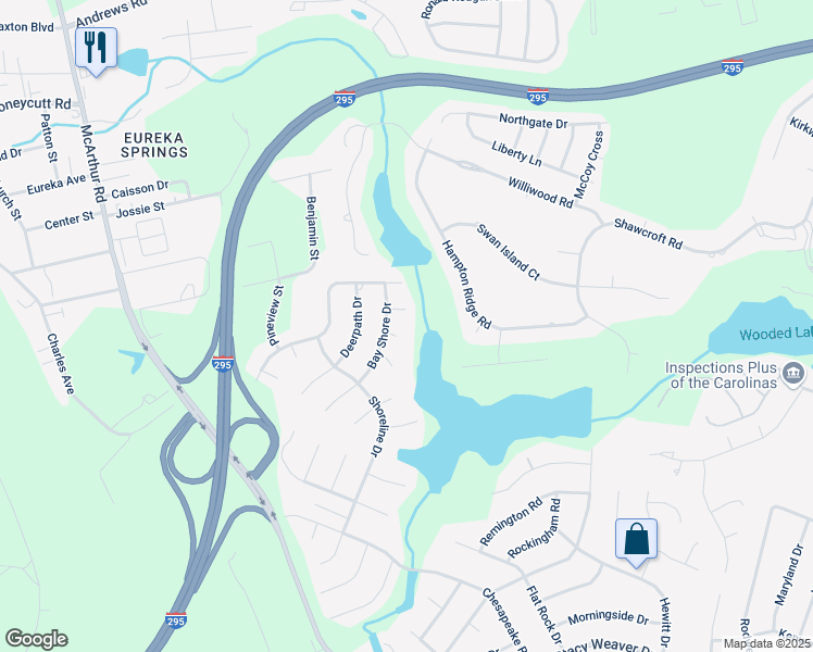 map of restaurants, bars, coffee shops, grocery stores, and more near 5403 Falls Church Court in Fayetteville
