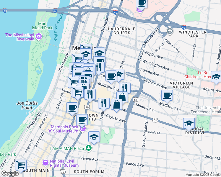 map of restaurants, bars, coffee shops, grocery stores, and more near 245 Madison Avenue in Memphis