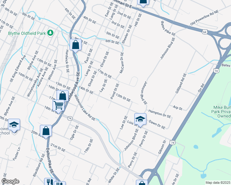 map of restaurants, bars, coffee shops, grocery stores, and more near 1299 Pond Street Southeast in Cleveland