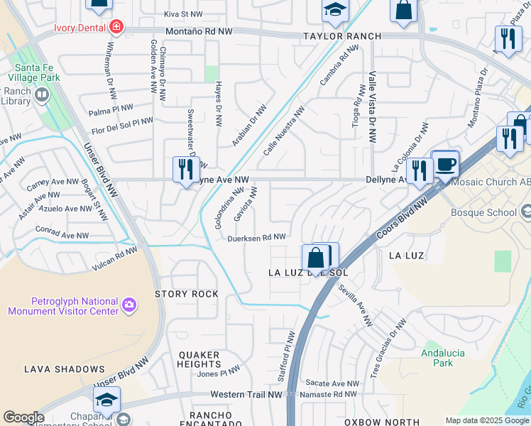 map of restaurants, bars, coffee shops, grocery stores, and more near 5513 Calle Cumbre Northwest in Albuquerque