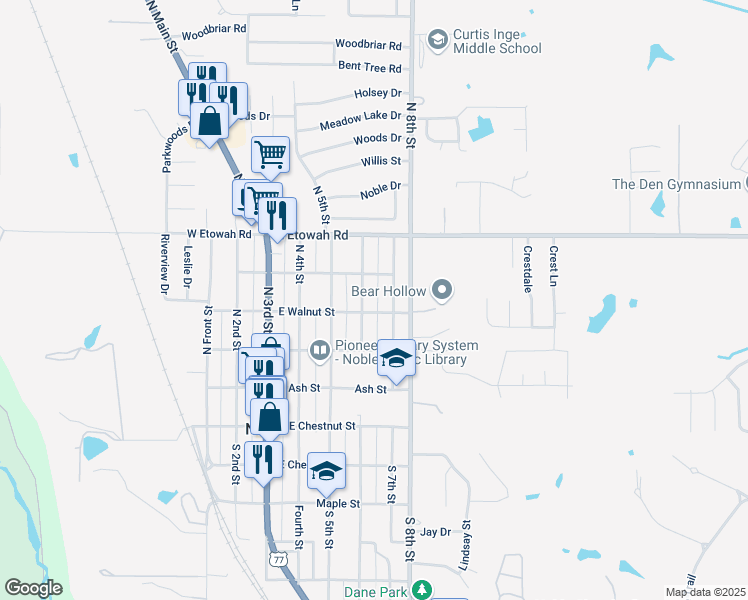 map of restaurants, bars, coffee shops, grocery stores, and more near 401 North 6th Street in Noble
