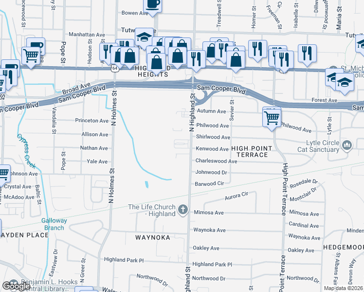 map of restaurants, bars, coffee shops, grocery stores, and more near 3448 Kel Creek Cove in Memphis