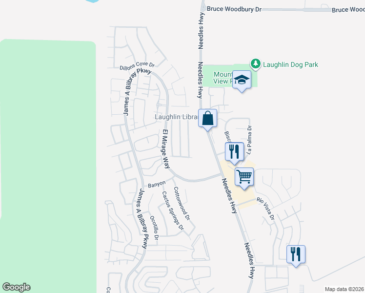 map of restaurants, bars, coffee shops, grocery stores, and more near 2926 Shimmering Bay Street in Laughlin