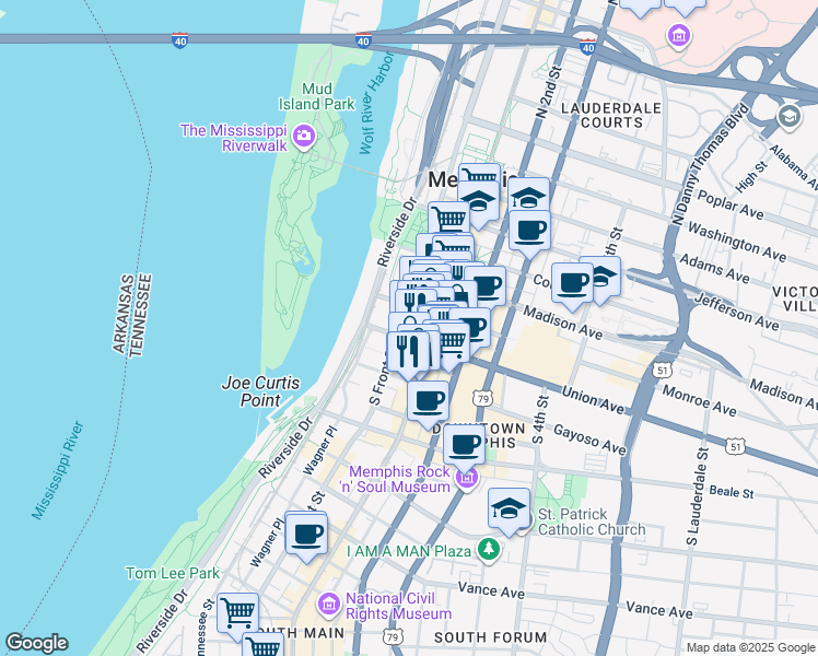 map of restaurants, bars, coffee shops, grocery stores, and more near 88 Union Avenue in Memphis