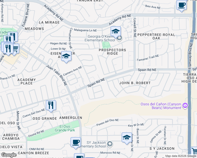 map of restaurants, bars, coffee shops, grocery stores, and more near 5405 Donahoo Court Northeast in Albuquerque