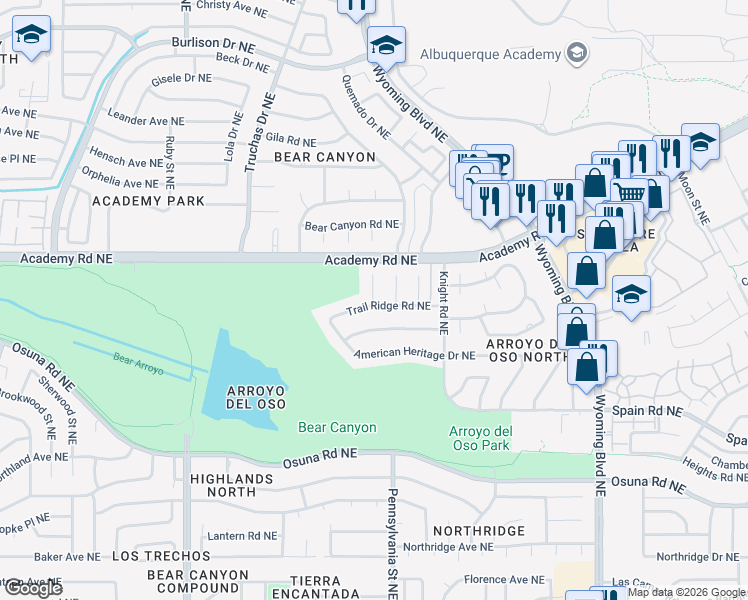 map of restaurants, bars, coffee shops, grocery stores, and more near 7608 Trail Ridge Road Northeast in Albuquerque