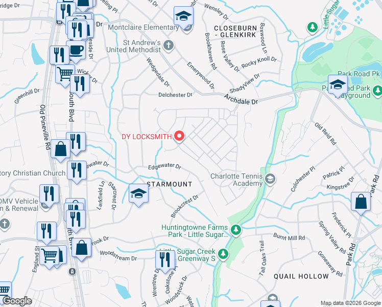 map of restaurants, bars, coffee shops, grocery stores, and more near 3738 Park South Station Boulevard in Charlotte