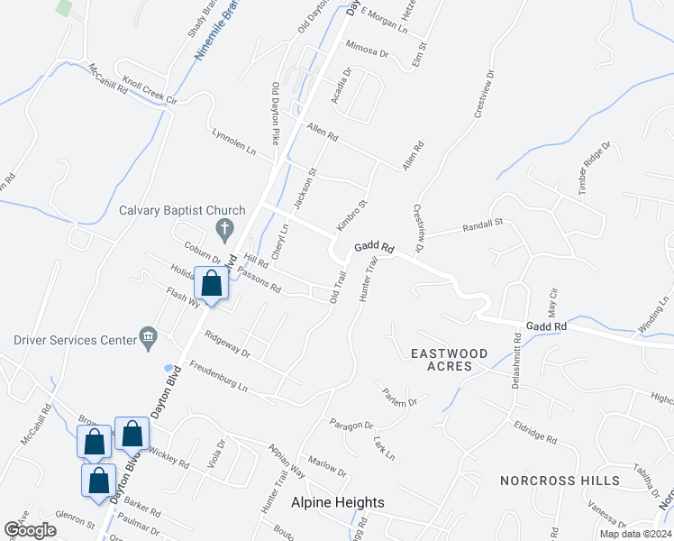 map of restaurants, bars, coffee shops, grocery stores, and more near 133 Hill Road in Chattanooga