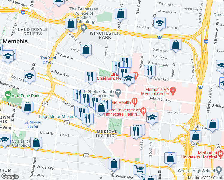 map of restaurants, bars, coffee shops, grocery stores, and more near 1701-1799 Adams Avenue in Memphis